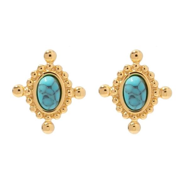 Vintage Inlaid Turquoise Stone Stud Earrings 18K Gold Plated Stainless Steel - Picture 7 of 8